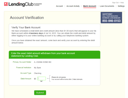 Applying for Lending Club business loan: account verification