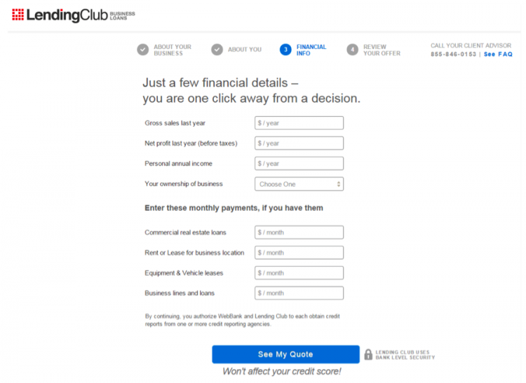 Applying for a business loan from Lending Club: financial info