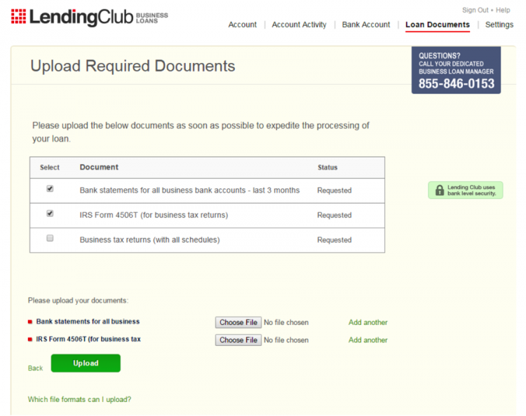 Applying for a business loan at Lending Club: Upload documents