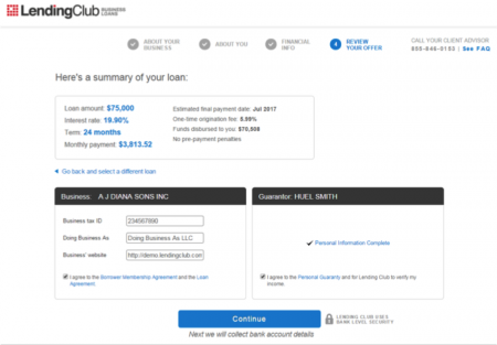 Lending Club's business loan application summary of loan
