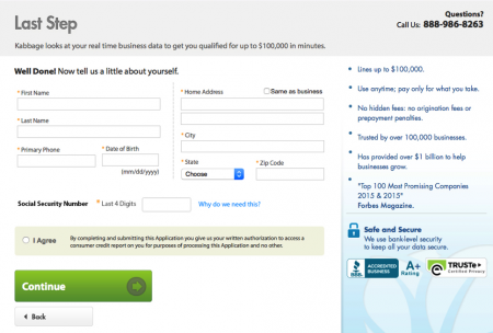 Kabbage business loan application: Account info