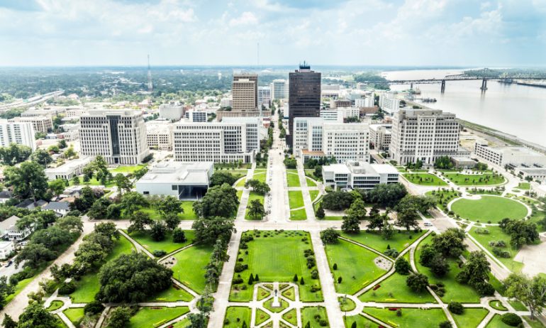 aerial of baton Rouge with Huey Long statue and famous skyline
