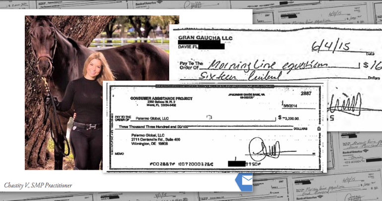 Signed checks show that Chastity Valdes, who headed Consumer Assistance Project LLC, paid company money to an equestrian center where former CAP supervisor Bob Greenberg says she boarded a horse. Sources: Skull SMP Clinic web site, public records.