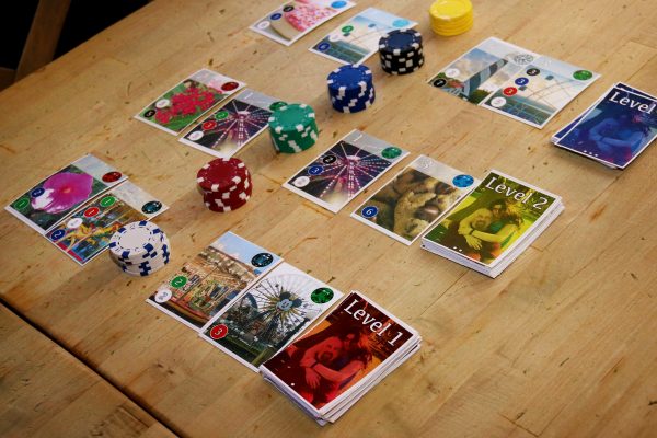 Matthew and Brittany incorporated details from their relationship onto the cards on board games like Splendor, Operation and Clue, and supplied them at the tables instead of traditional centerpieces. Cost: $50.