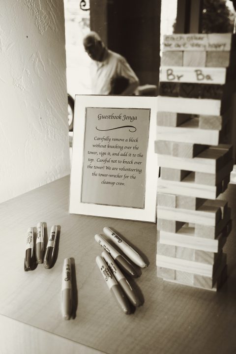 The Verlegers introduced the reception’s playful theme by inviting family and friends to sign the guestbook Jenga.