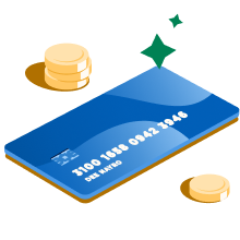 One blue credit card on a flat surface with coins on both sides.